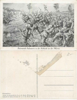 Storming infantry on the Marne artist card *around 1916