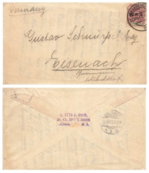 South Africa 3 pence imprinted E.R.I. Single franking on letter o Johannisburg April 27, 1903 to Eisenach
