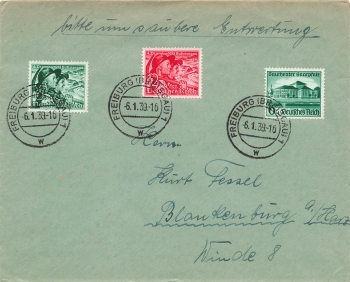 Sudetenland Michel 684 685 and Saarpfalz Michel 673 on cover o Freiburg 6.1.1939