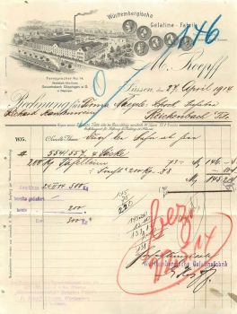 73079 Suessen Wuerttemberg Gelatin Factory M. Koepff letterhead 1914
