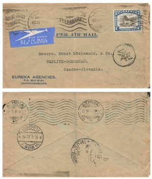 South Africa Air Mail 1 Posseel o Johannisburg 9.2.1938 to Teplitz