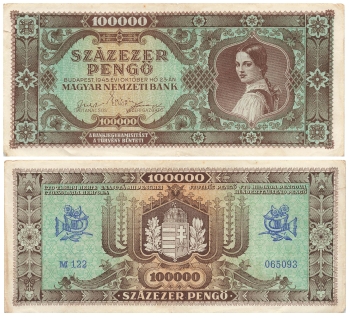 Szazezer Pengoe 100000 Magyar Nemzeti Bank Geldschein Ungarn 1945
