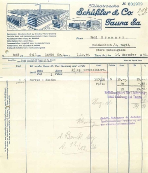 09228 Taura Sa. Trikotwerke Schüßler & Co. Briefkopf mit Firmenansicht 1936Taura Sachsen Trikotwerke Schuessler  Briefkopf mit Firmenansicht 1936
