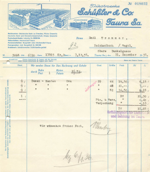 Taura Sachsen Trikotwerke Schuessler & Co. Letterhead with company view 1936