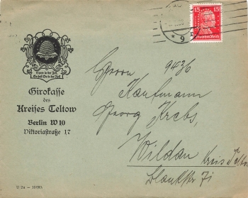 Teltow Sparkasse Briefumschlag Bienenkorb  Michel 391 mit Firmenlochung 6.1.1928