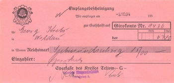 Teltow Sparkasse Empfangsbescheinigung zur Gutschrift auf Girokonto 1934