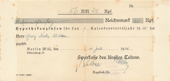 Teltow Sparkasse Quittung Hypothekenzinsen für das Kalendervierteljahr 1935