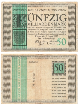 Thüringen Eine Milliarde Mark Weimar 9. August 1923 Notgeld