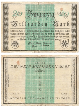 Thüringen Zwanzig Milliarden Mark Weimar 9. August 1923 Notgeld