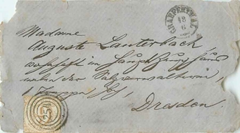 Turn and Taxis 9 Kreuzer on the front of the cover, four-circle stamp 254 Gräfenthal 18.6. to Dresden