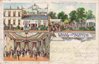 Treptow, Berlin, Köpenicker Landstraße 21, Gasthaus Joél's Victoria-Garten, lithograph, c. 1903