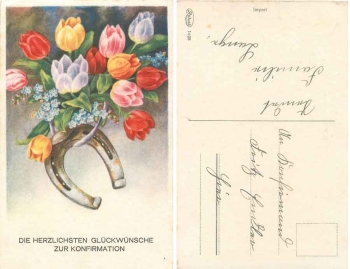 Tulips with forget-me-nots and horseshoes confirmation card * ca. 1920