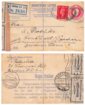 UK Postage Three Halfpence Edward Registered Letter stationery o 12.12.1937 to Neustadt Sachsen