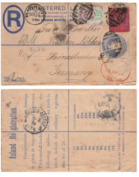 UK Postage Two Pence Victoria Registered Letter stationary o 14.4.1894 to Dresden