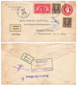 USA 2 cent postal stationery envelope irregular runner additional franking Two Cents Sesquicentral Exposition 1925 o Hankinson 2.9.1928 to Lubeck