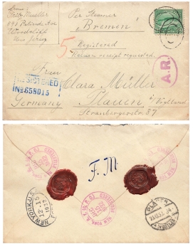USA 25 cent Niagara single franking on R-cover via steamer "Bremen" o New York 12/15/1932 to Plauen