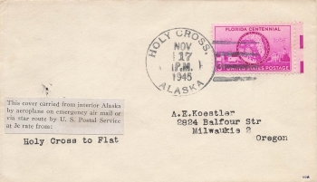 USA 3 cent Florida Centennial on cover from Alaska or Holy Cross November 17, 1945 to Milwaukie Oregon