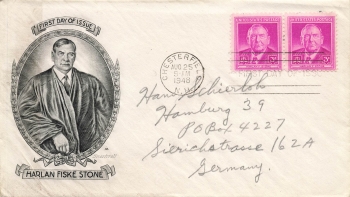 USA 3 Cent Harlan Fiske Stone First Day of Issue FDC o Chesterfield August 25, 1948 to Hamburg