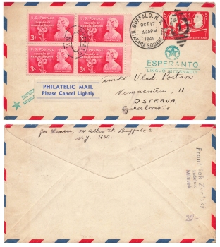 USA Five Cents Air Mail postal stationery envelope with additional franking Moina Michel o Buffalo 10/17/1949 to Ostrava
