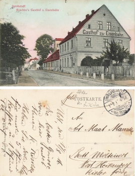 Unruhstadt Kreis Bomst Roschkes Gasthof zur Eisenbahn Kargowa o 1916