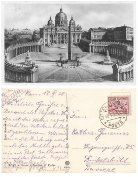 Vativane 75 cent single franking on AK o Citta del Vaticano Poste April 18, 1930 to Dinkelsbuhl