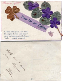 Violet and shamrock glued in fabric violet bow * ca. 1910