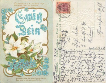 Forget-me-not "Forever Yours" gold embossed card o February 21, 1922