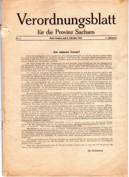 Ordinance Gazette for the Province of Saxony Halle Saale No. 1 October 1945 48 pages