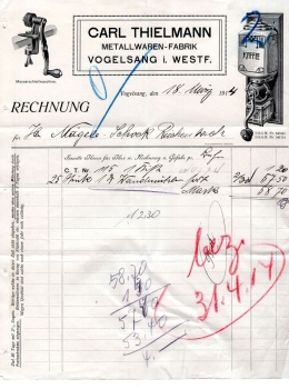 Vogelsang Cologne metal goods factory Carl Thielmann letterhead with coffee grinder 1914