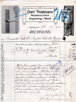 Vogelsang Köln Metallwaren Fabrik Carl Thielmann Briefkopf mit Kaffemühle 1913
