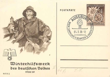 WHW stationary March 1938/39 6 Pfennig special postmark Augsburg WHW collection 4.3.1939