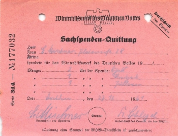 WHW Winterhilfswerk Sachspendenquittung 1941