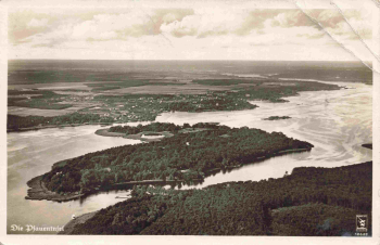 Wannsee, Berlin – Pfaueninsel (Peacock Island), aerial view, vintage postcard, c. 1937
