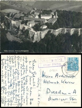01796 Weissig über Pirna Landpoststempel auf AK Königstein o 16.8.1957