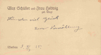 08412 Werdau Sachsen Glückwunsch zur Vermählung von Familie Max Schüller 1925