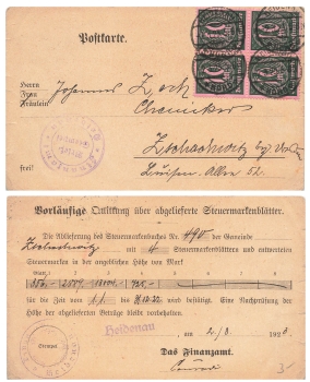 Value digits official stamp Michel 71 block of four on postcard o Heidenau 2.3.1923