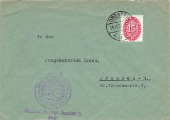 VValue digits in the oval 15 Pfennig official stamp Michel 124 X on the local letter o Dresden October 19, 1932