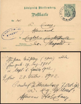Wuerttemberg service postal stationary 5 Pfennig from Bondorf October 7th, 1912 to Enzkloesterle