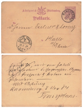 Wurttemberg 5 Pfennig postal stationery o Ravensburg 8.11.1884 to Halle