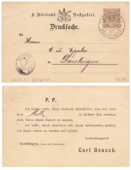 Wurttemberg printed matter postal stationery with private printing three pfennigs o Bahnpost 64 S1 July 14, 1913