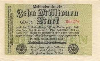 Zehn Million Mark Reichsbanknote 22. August 1923 RO105g DEU-118g