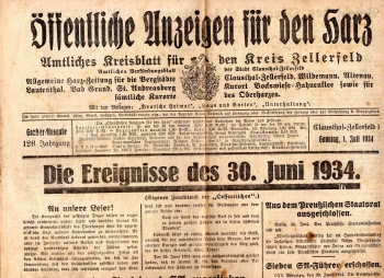 Zellerfeld Harz Kreisblatt from July 1, 1934 about the SA Putsch