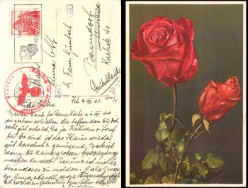 Switzerland red censorship stamp, Oberkomando der Wehrmacht, on roses Ak o 9.8.1941