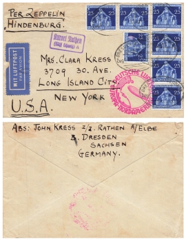 Zeppelin letter LZ 129 Hindenburg German airmail Europe-North America with country postmark Kurort Rathen o 7.9.1936