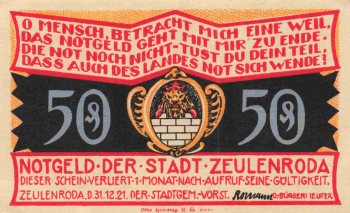 Zeulenroda, Thuringia, 1921 emergency money note