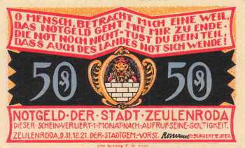 Zeulenroda, Thuringia, 1921 emergency money note