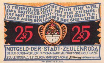 Zeulenroda, Thuringia, 1921 emergency money note