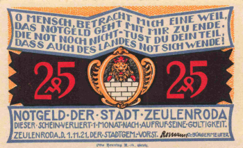 Zeulenroda, Thuringia, 1921 emergency money note