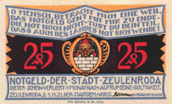 Zeulenroda, Thuringia, 1921 emergency money note