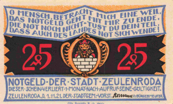 Zeulenroda, Thuringia, 1921 emergency money note